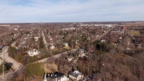 Aerial Drone View of Spring Waterfall and Rapid River Flow During Snowmelt in Paris Ontario Canada