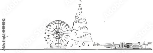 A festive city skyline features a Ferris wheel and a decorated Christmas tree