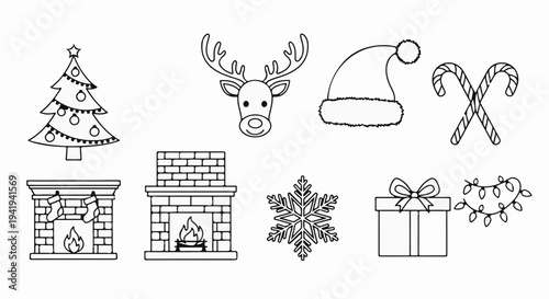 A festive collection of Christmas symbols, including a tree, reindeer, Santa hat, candy canes, fireplaces, and gifts