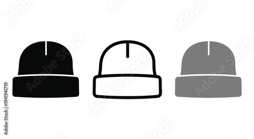 Three variations of a beanie hat design black white and gray silhouette