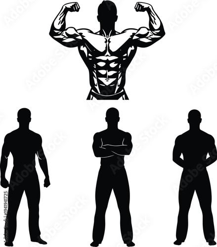 Muscular male silhouettes showing bodybuilding poses, flexing arms, confident stances, fitness, anatomy, strength, vector illustration for health themes