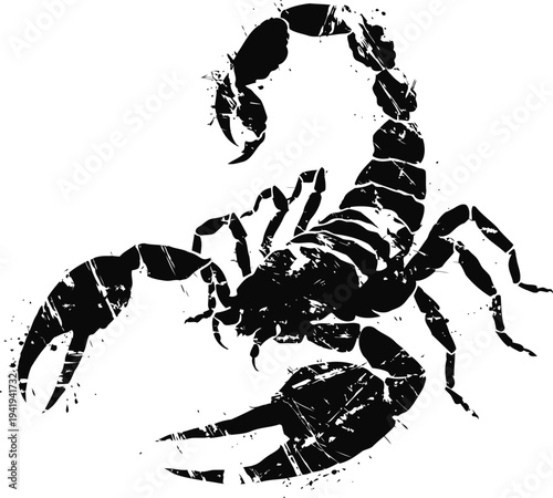 grunge black scorpion silhouette with raised pincers and curved tail on white background