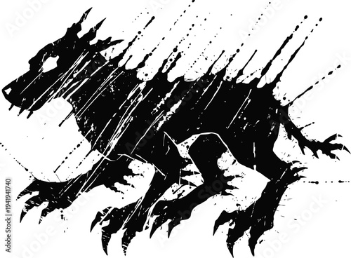Abstract black wolf silhouette with scratched texture in dynamic running pose