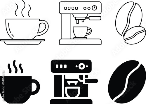 Coffee icons including cups machines and beans in black and white