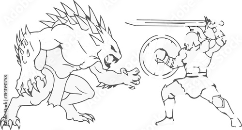 A fierce beast lunges at a warrior holding a shield and sword