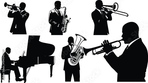 Musician silhouettes illustration featuring trumpet, saxophone, trombone, piano, French horn, dynamic poses, jazz ensemble, vector art for music themes