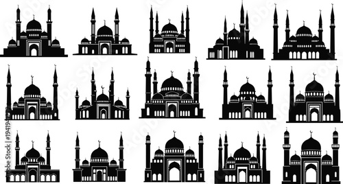 Mosque silhouette collection with domes and minarets, Islamic architecture diversity, cultural heritage, religion, worship, tradition, spirituality, art, design, ornamental detail, sacred illustration