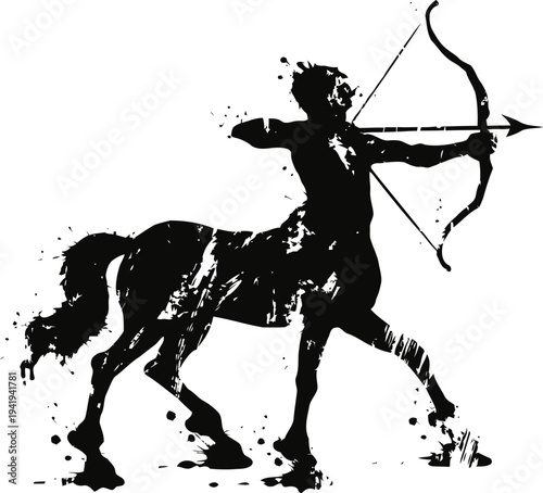 Centaur archer silhouette drawing with bow and arrow in dynamic aiming pose