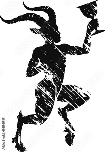 Vintage silhouette of a satyr dancing with a chalice in hand, mythological creature with goat features
