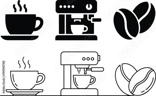 Coffee icons including cups machines and beans