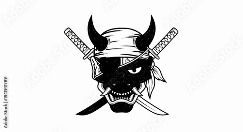 A fierce black oni mask with horns, eye patch and crossed swords