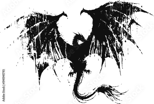 Black silhouette dragon with spread wings and tail, grunge fantasy mythical creature design