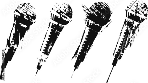 Grunge black microphones set vintage audio equipment silhouettes in artistic design