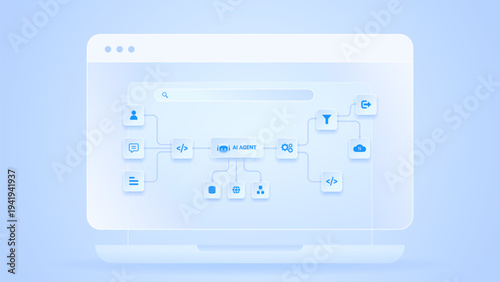 AI workflow automation artificial intelligence. ai agent network diagram dashboard machine learning with node input, processing flow, data, cloud and automation flow.