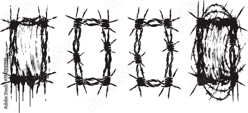 Set of grunge rectangular frames made of barbed wire, rough and distressed black silhouette borders