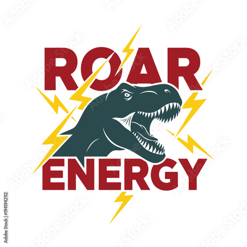 A dinosaur head with lightning bolts and the words ROAR ENERGY tshirt design