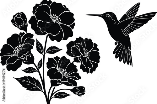 Silhouette of hummingbird hovering near blooming flowers, nectar feeding, nature art, botanical design, vector illustration, black icons