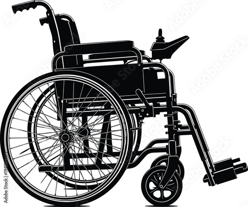 Silhouette of manual wheelchair, mobility aid, healthcare equipment, accessibility support, disability assistance, medical device, vector illustration, black icon