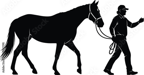 Silhouette of person leading horse, equestrian activity, farm lifestyle, companionship, guidance, animal care, rural concept, motion, relationship illustration