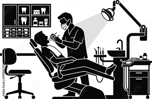 Dentist treating a patient in clinic vector illustration for dental healthcare and stomatology,