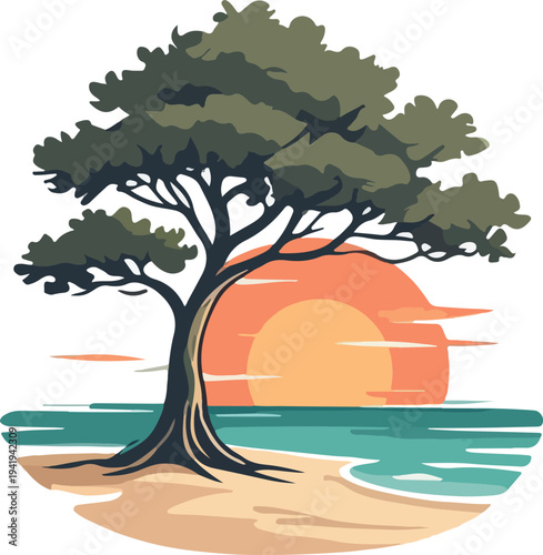 Palm tree and sunset topical beach clipart logo vector white background 