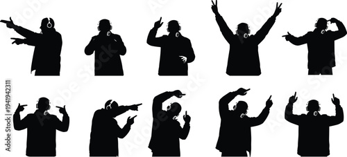 Silhouette people with headphones in expressive dance poses, gesture communication, music rhythm, performance art, entertainment, lifestyle, creativity, movement, energy, dynamic illustration
