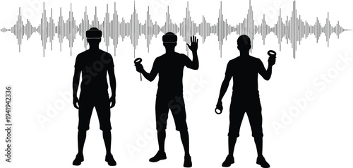 Silhouetted figures holding circular objects with sound wave graphic above, concept of audio performance, music visualization, sound art illustration