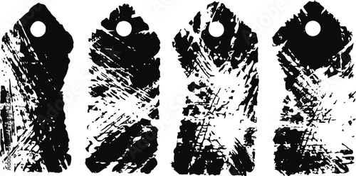 grunge black textured price tags set distressed label silhouettes with hole punched for sale or branding