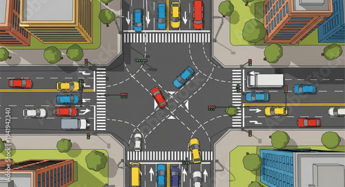Aerial View of a Busy City Intersection.