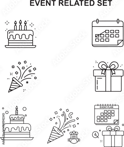 Event themed line icon set including birthday, planning, celebration and party symbols with editable line width..eps
