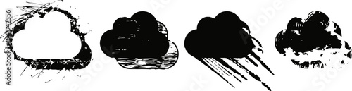 Hand drawn cloud icons set in black ink with different weather effects and textured grunge