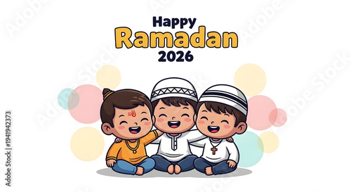 Happy Ramadan 2026 Illustration: Diverse Children Representing Religious Harmony and Global Unity