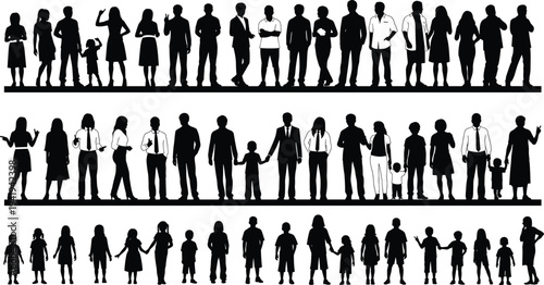 Silhouettes of adults and children, diverse family groups, community concept, lifestyle, unity, relationships, posture, care, generational bond illustration