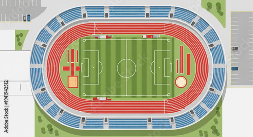 Overhead view of a stadium with a running track and field.