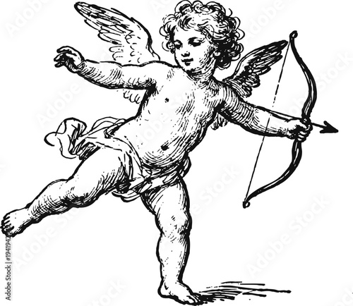 Cupid angel flying with bow and arrow vintage illustration in black and white