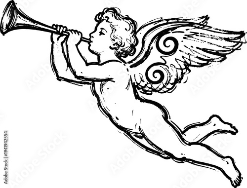 Vintage angel playing trumpet with detailed wings, flying cherub silhouette illustration
