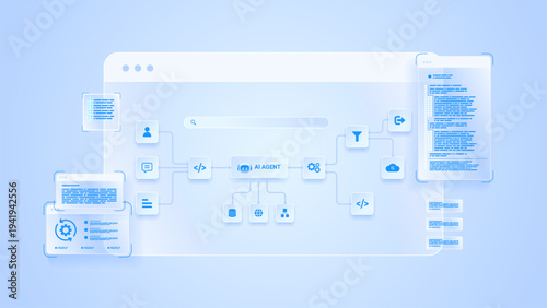 AI workflow automation artificial intelligence. ai agent workflow diagram dashboard machine learning showing node input, processing flow panel, coding panel and process flow.