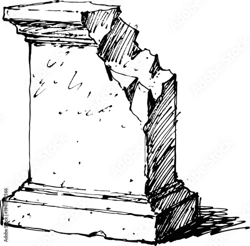 Broken ancient stone pedestal with chiseled damage and shadow outline