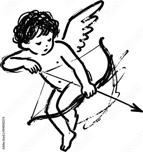 Hand drawn cupid sketch aiming bow and arrow vintage love symbol, cherub illustration in simple black lines