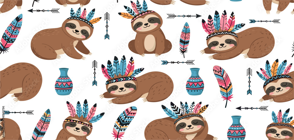 Fototapeta premium Boho Sloth Sticker Set with Feathers, Arrows, and Native-Inspired Accessories for Kids' Design and Illustrations