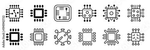 Circuit Board and Microchip Icon Set, Electronic Processor and Semiconductor Symbols, Flat and Line Technology Icons for Hardware Engineering, Digital Electronics, Computer Components, and Tech UI
