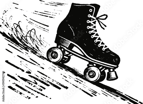 Vintage black roller skate in motion with speed lines and wheels spinning rapidly