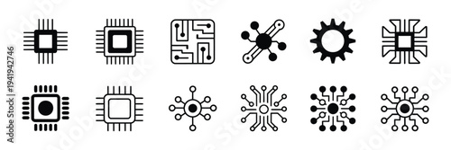 Circuit Board and Microchip Icon Set, Electronic Processor and Semiconductor Symbols, Flat and Line Technology Icons for Hardware Engineering, Digital Electronics, Computer Components, and Tech UI