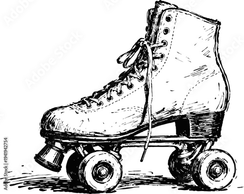 Vintage roller skate drawing classic quad wheels shoe with laces for skating and retro sport recreation