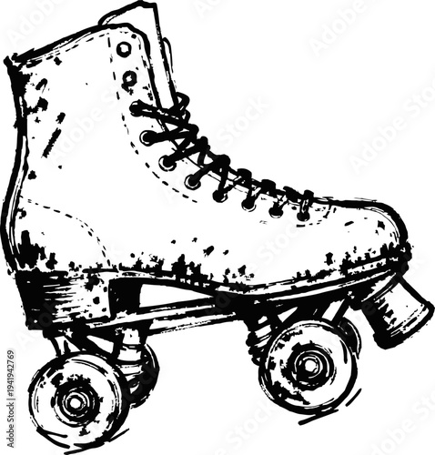 Vintage roller skate with high ankle support and four wheels in detailed sketch