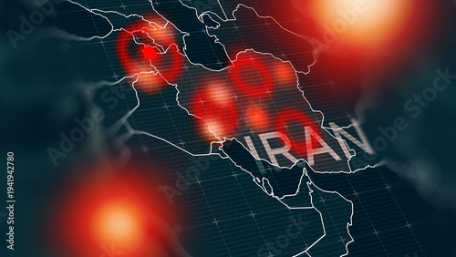 Conflict between Iran and USA shown on a map with highlighted regions in the Middle East