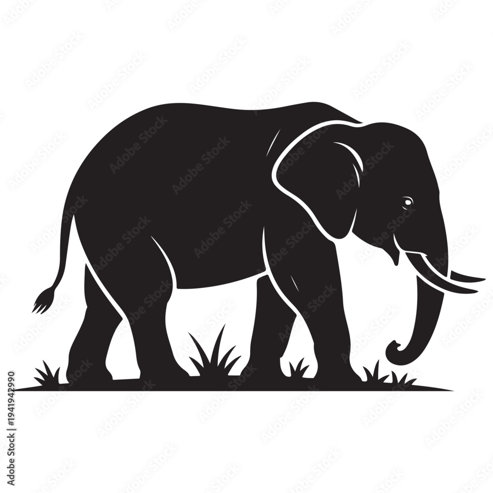 Fototapeta premium Elephant walking in grassland silhouette flat design vector illustration