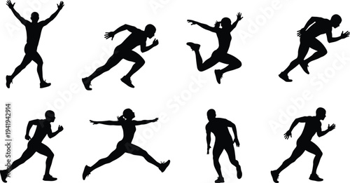 Silhouettes of athletes running, sprinting, leaping, dynamic motion poses, human biomechanics, sports training, vector illustration, black icons
