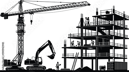 Industrial Construction Site Silhouette with Tower Crane, Heavy Excavator, and Workers on Building Structure
