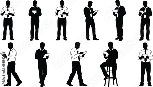 Silhouettes of businessmen reading documents, books, tablets, professional postures, standing, seated, corporate attire, vector illustration, black icons